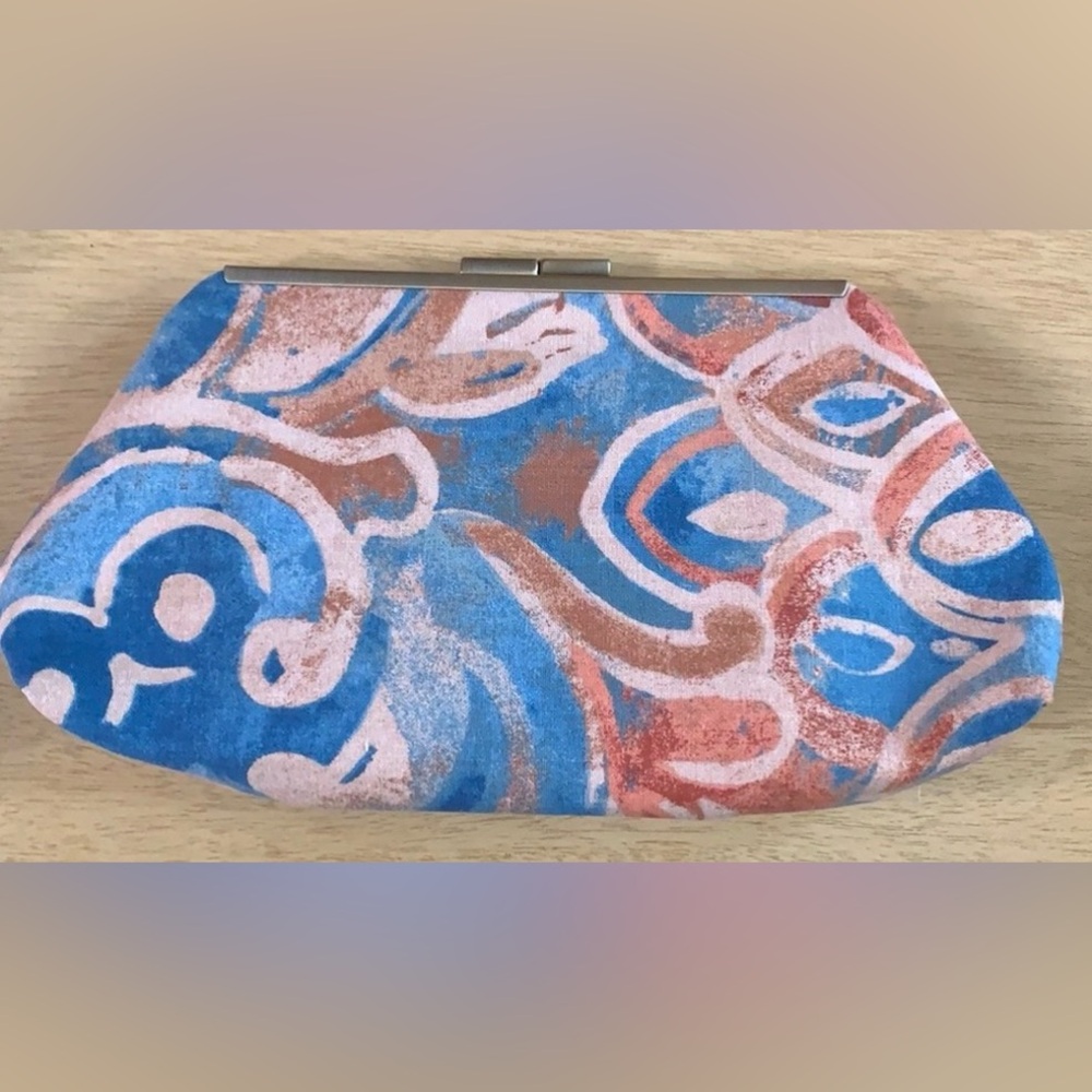 NWOT Handmade Cotton clutch purse, cotton-lined Blue blush peach tones, brass